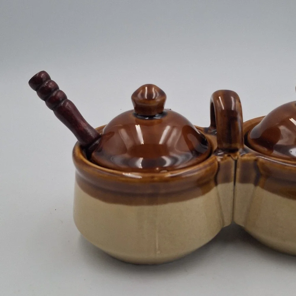 Vintage Stoneware Double Condiment Server Brown Tan Glaze Lidded Caddy w/ Spoons